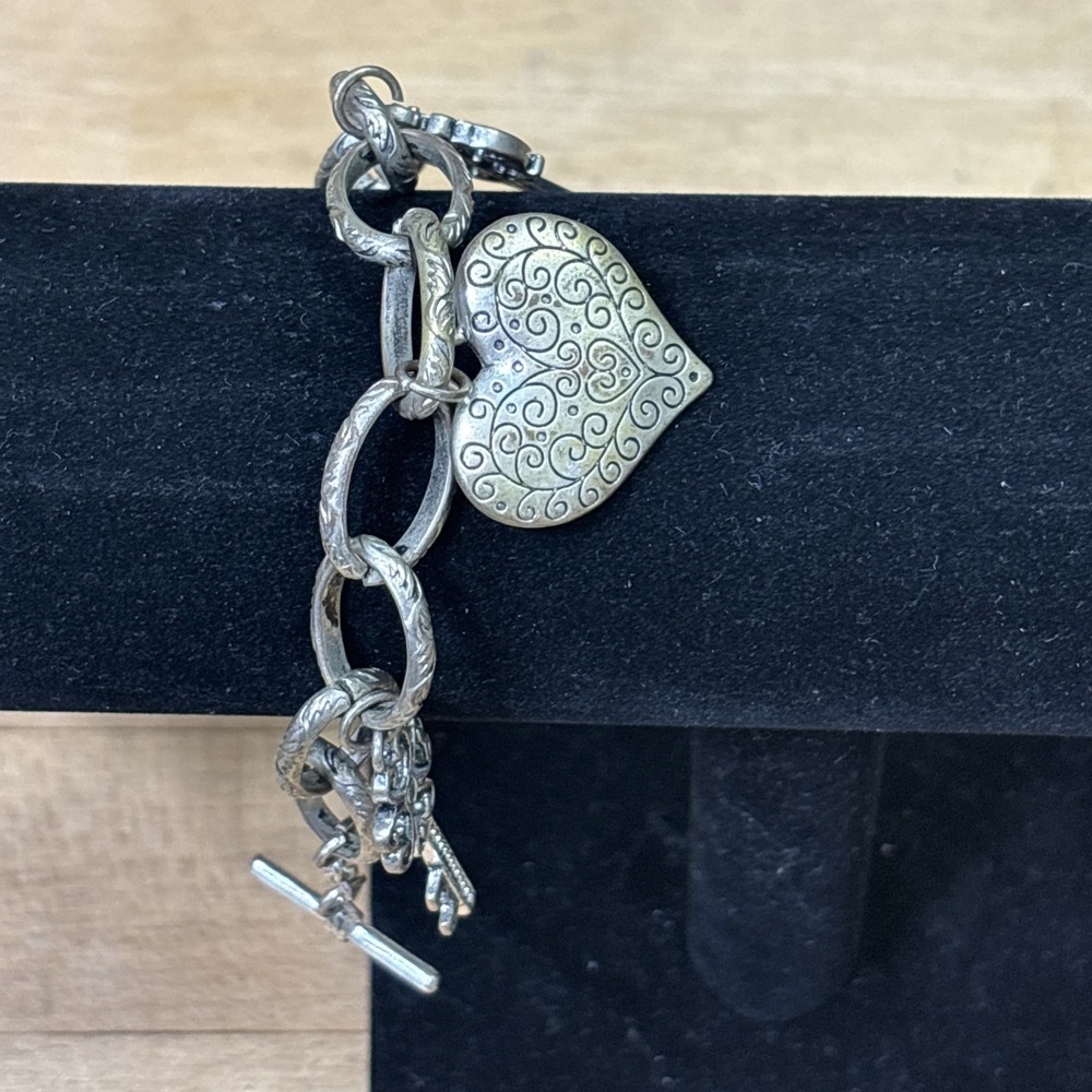 Vintage Style Silver Tone Heart Key Charm Bracelet Rhinestone Chunky Links